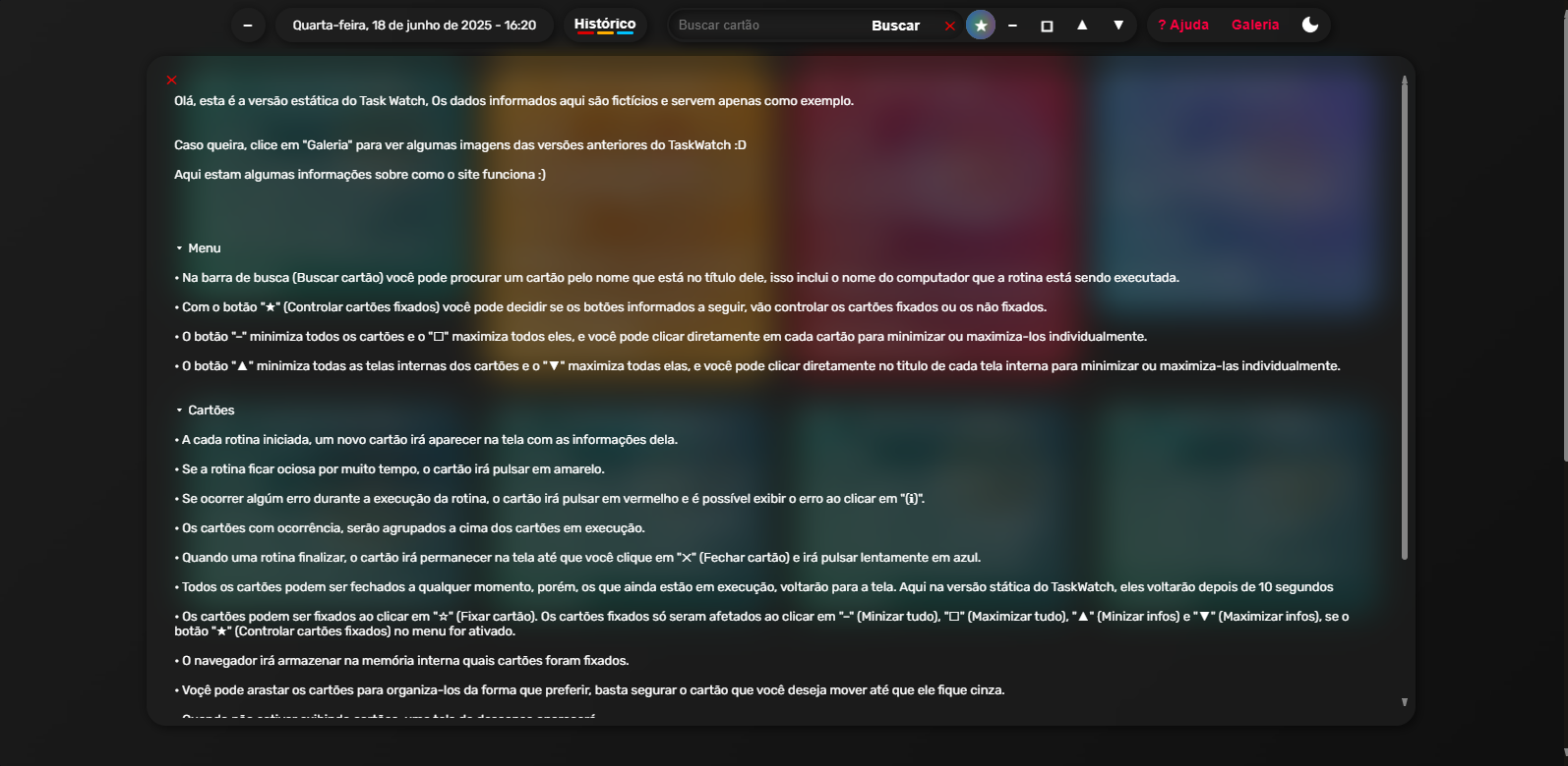 Tela de ajuda em 18 de Junho de 2025